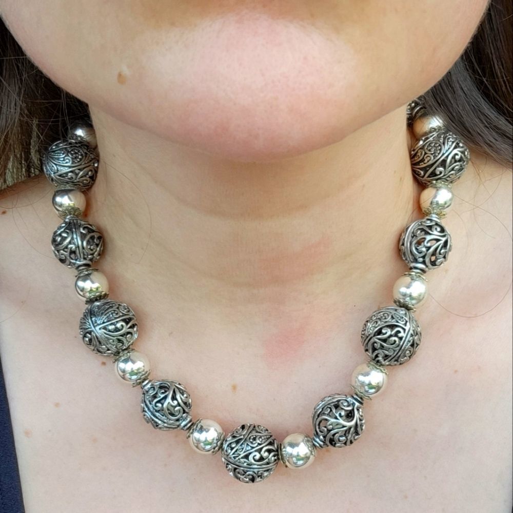 Silver Tone Metal Filigree Bead Choker STRETCH Collar Necklace